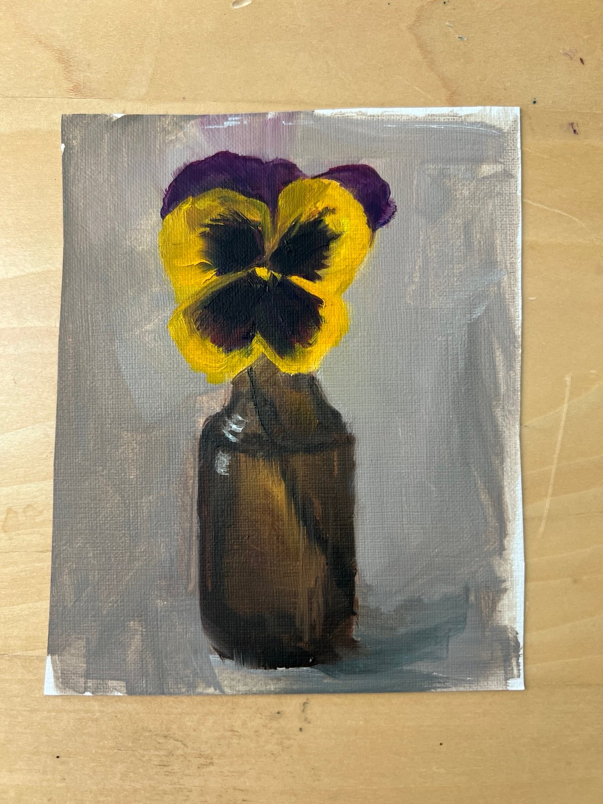 Yellow Pansy In Amber Glass, Original Oil Painting On Paper