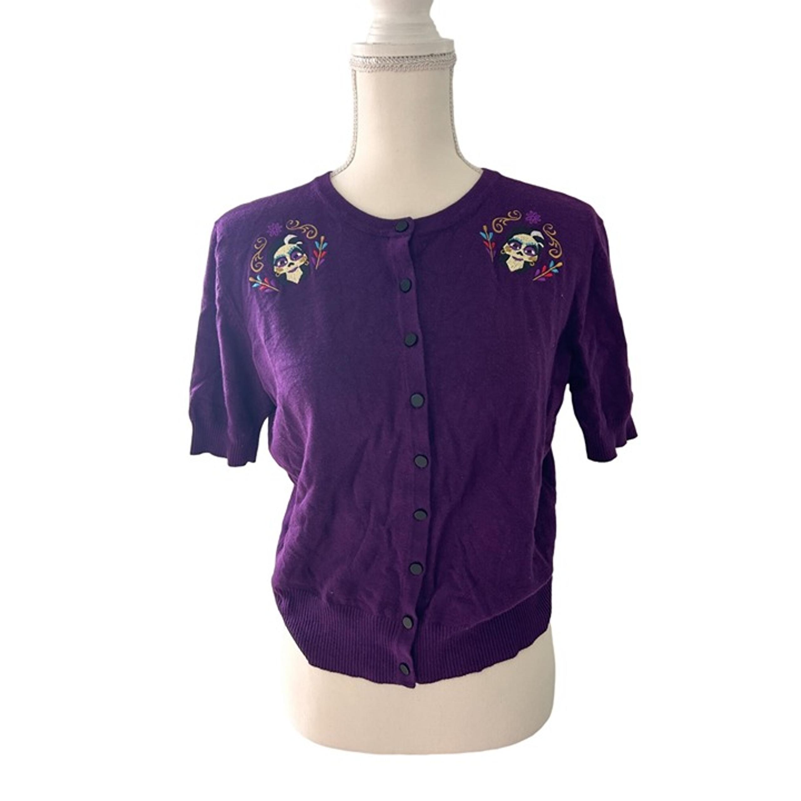 DISNEY Women’s Coco Purple Cardigan Sweater Size Medium
