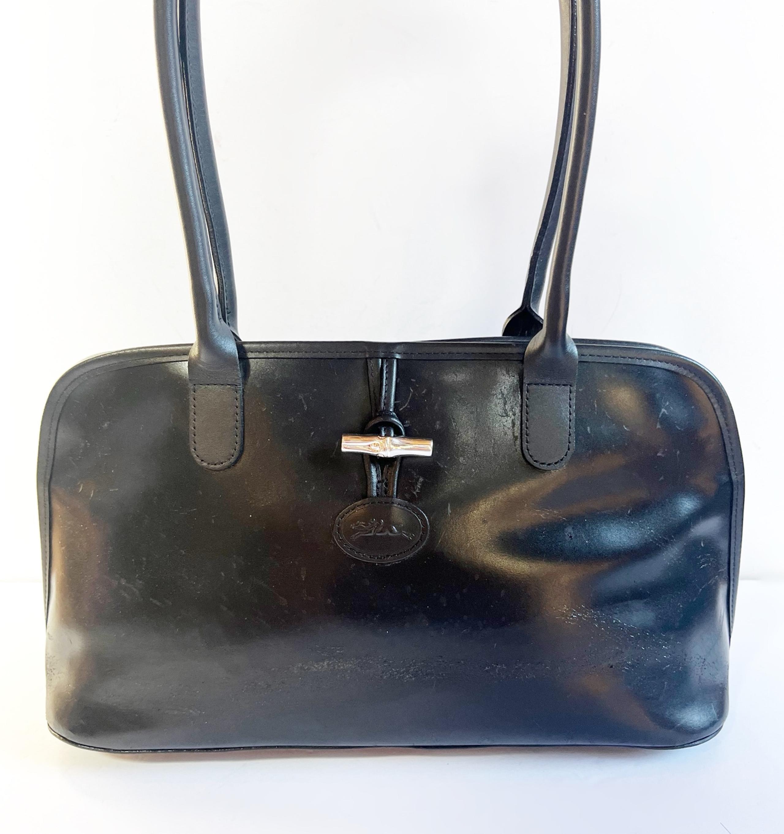 Vintage Longchamp Roseau Bamboo Black Patent Leather Tote Bag Purse Shoulder