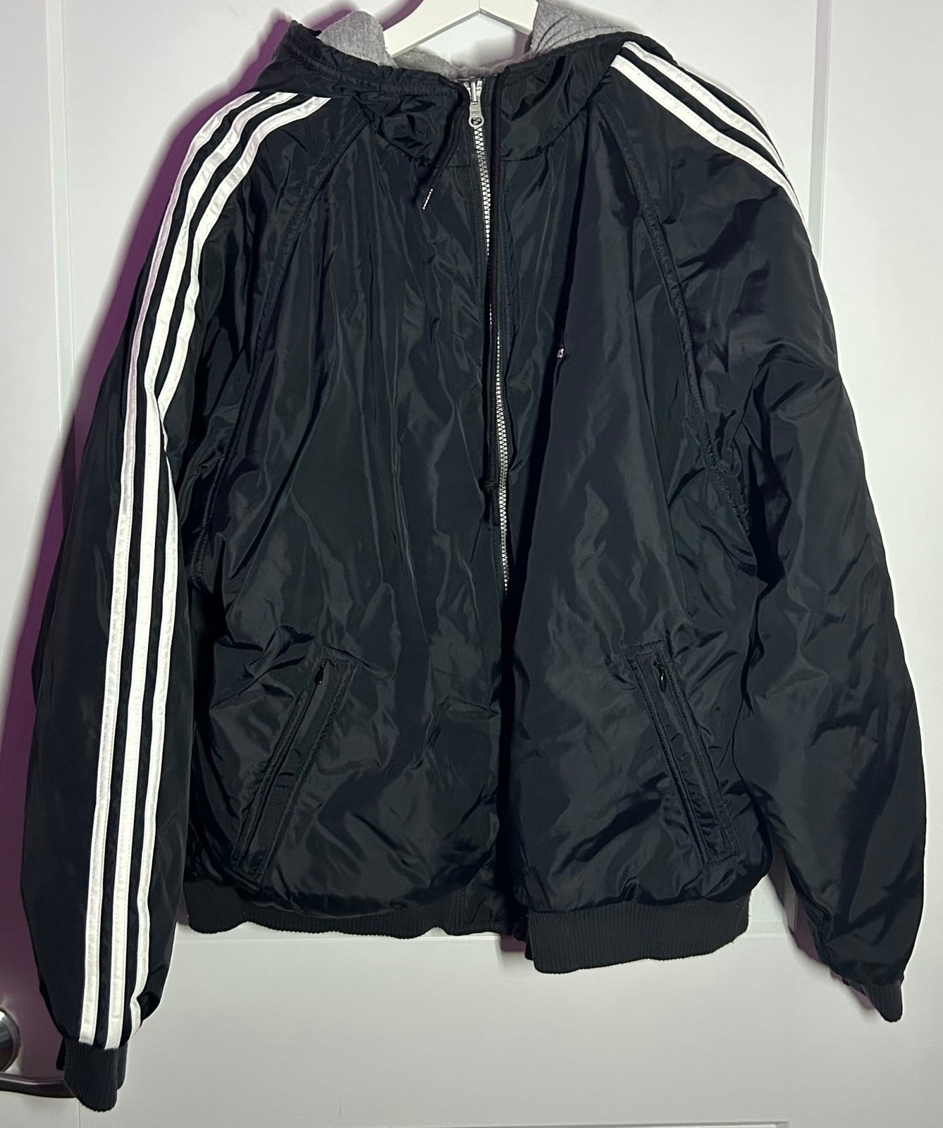 Adidas Men's Reversable Heavy Weight Coat Black Grey Size XL Pockets Hood