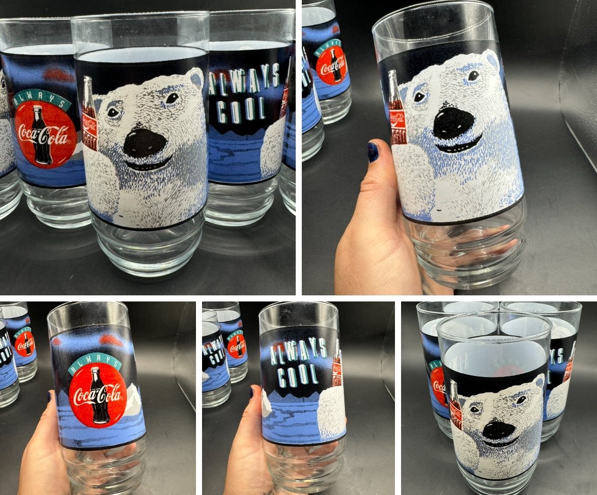 Vintage 1995 Coca Cola Polar Bear Tumbler Glasses Set of Five Polar Bear Tumbler