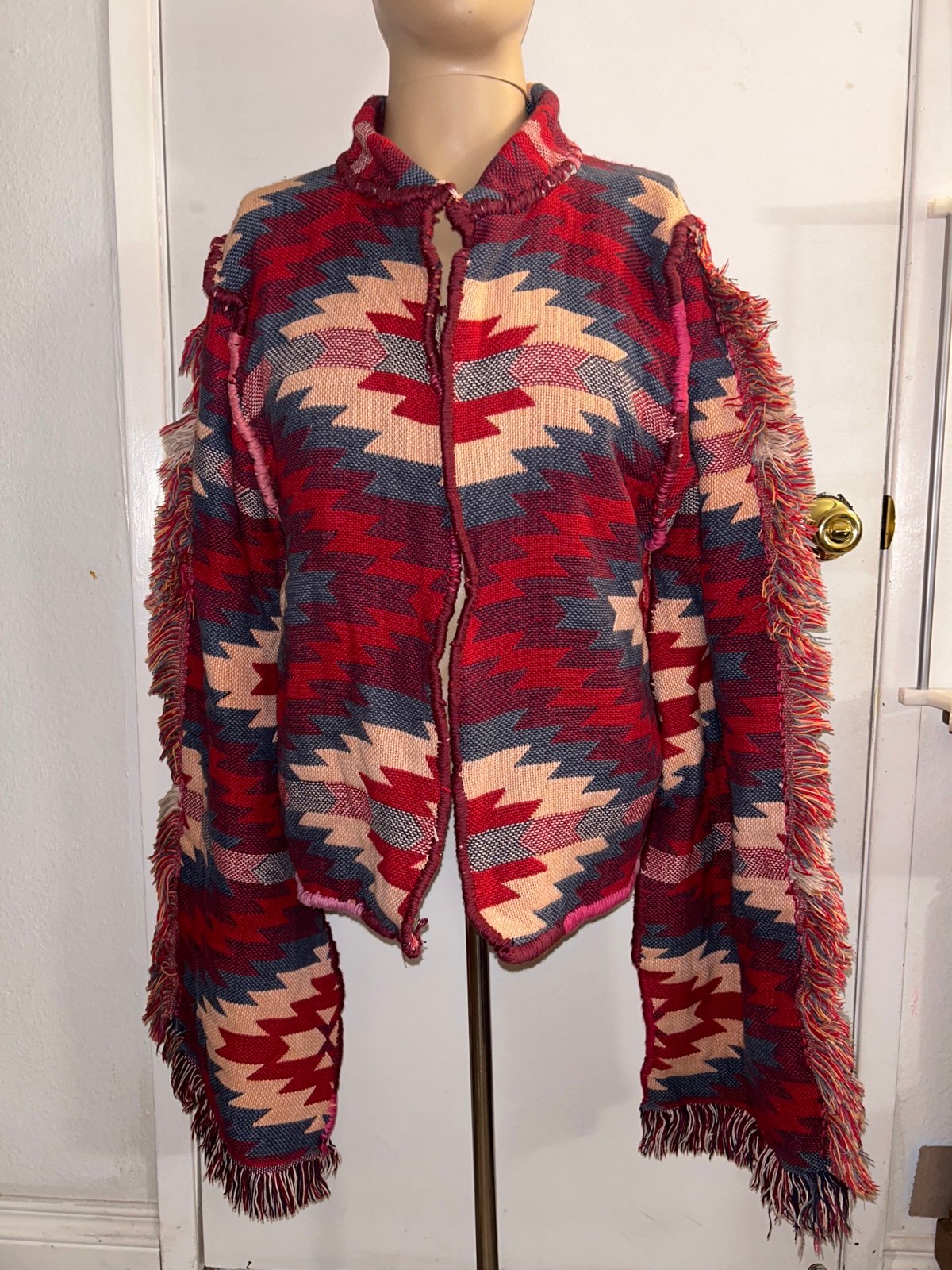 Southwest Fringe Blanket Coat Cardigan Jacket Chunky One Size Red Blue Boho