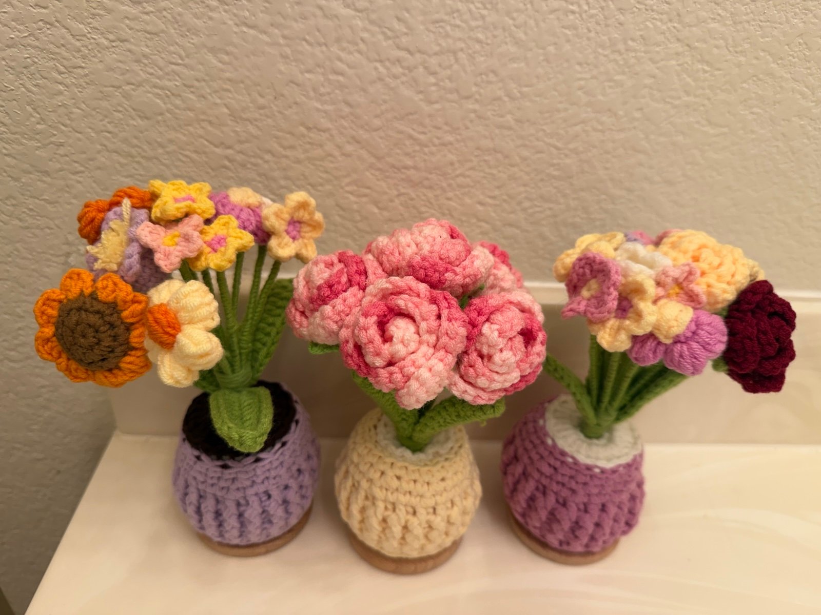 Handmade Crochet Potted Flower Bouquet - Set of 3, Home Decor & Holiday Gift