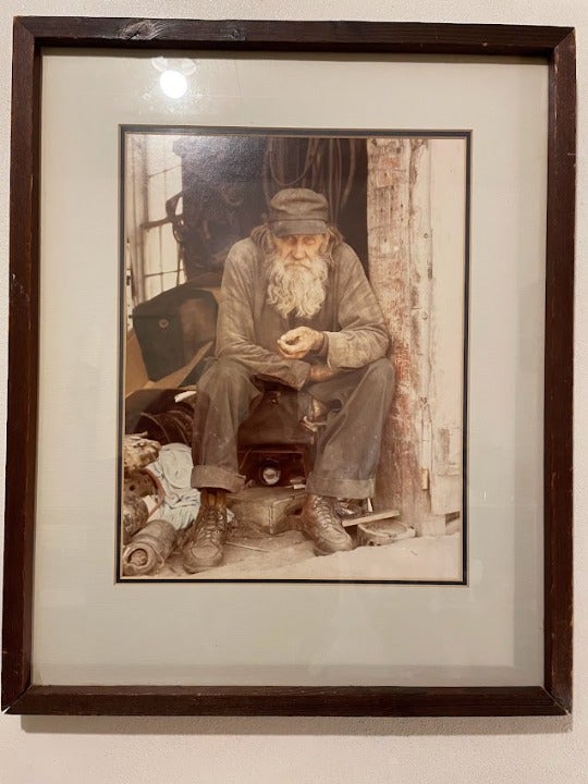 Large Vintage Framed Photograph Bearded Farmer in his Barn