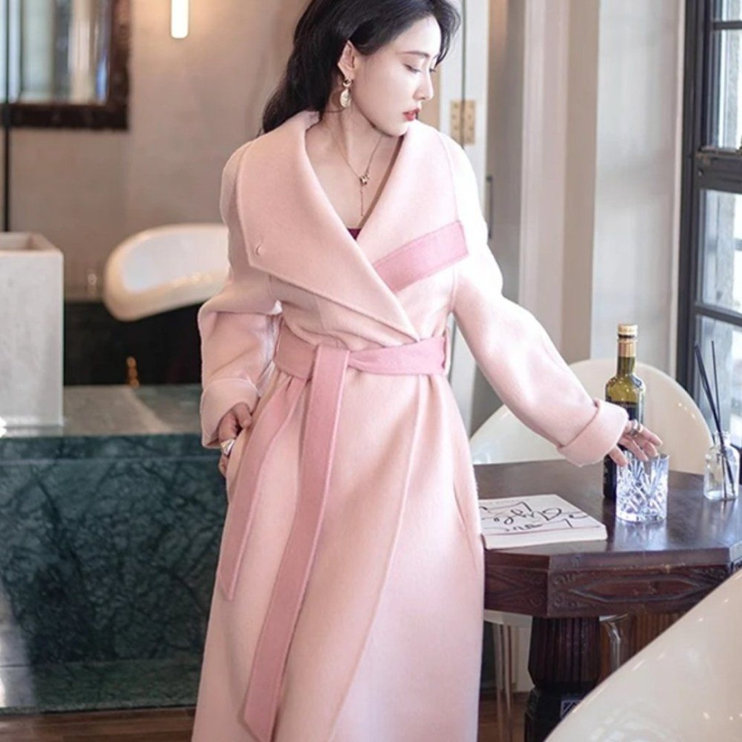Women's Long Contrast Panel Alpaca Wool Wrap Coat with Belt #4