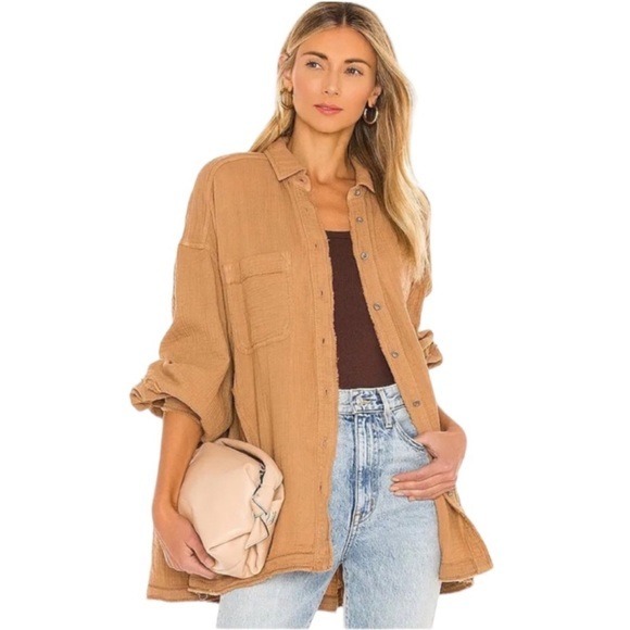 Free People Anaheim Woven Oversized Button Down Gauze Slouchy Shirt Camel XS
