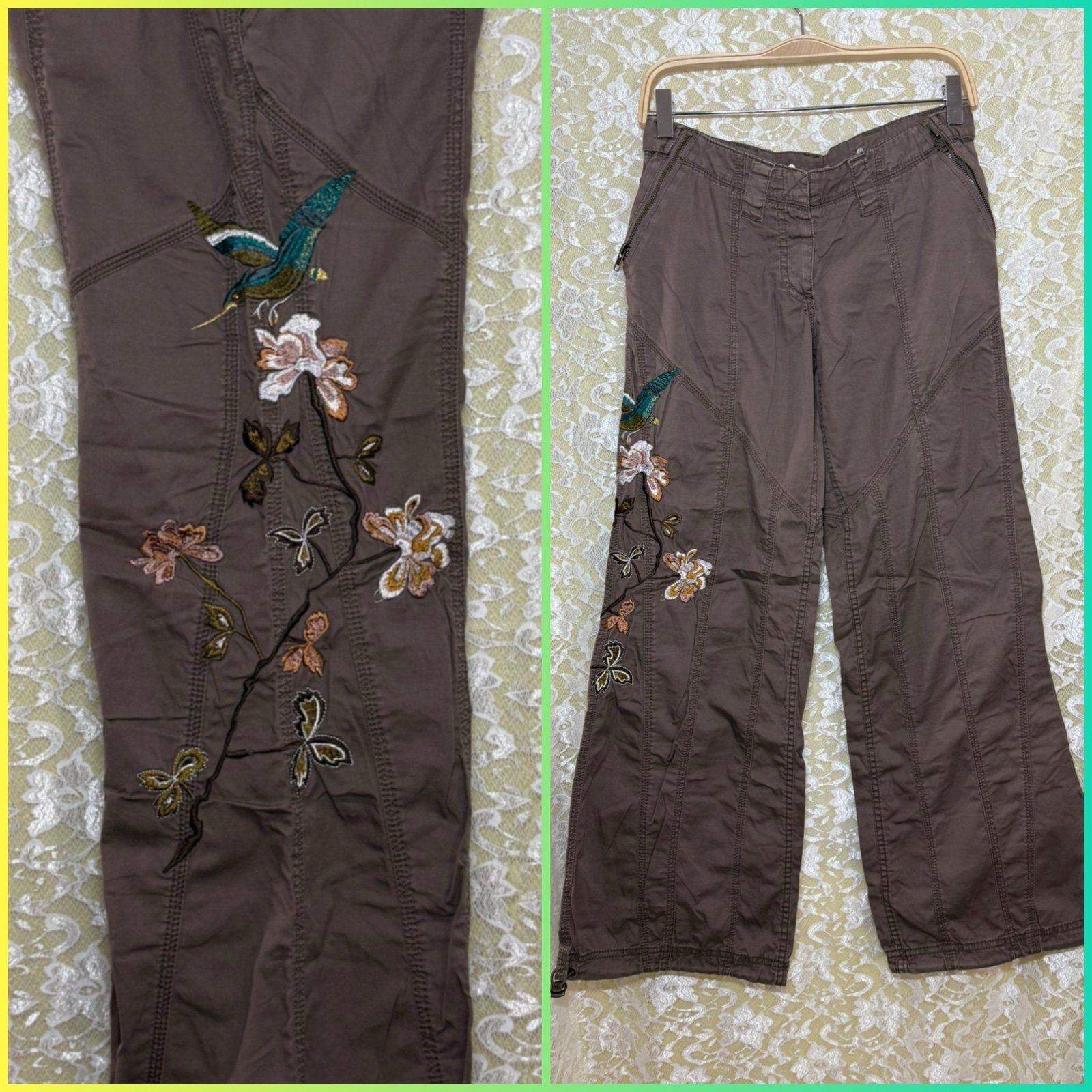 Vintage Y2K low rise wide leg Embroidered Brown green teal Women's Pants