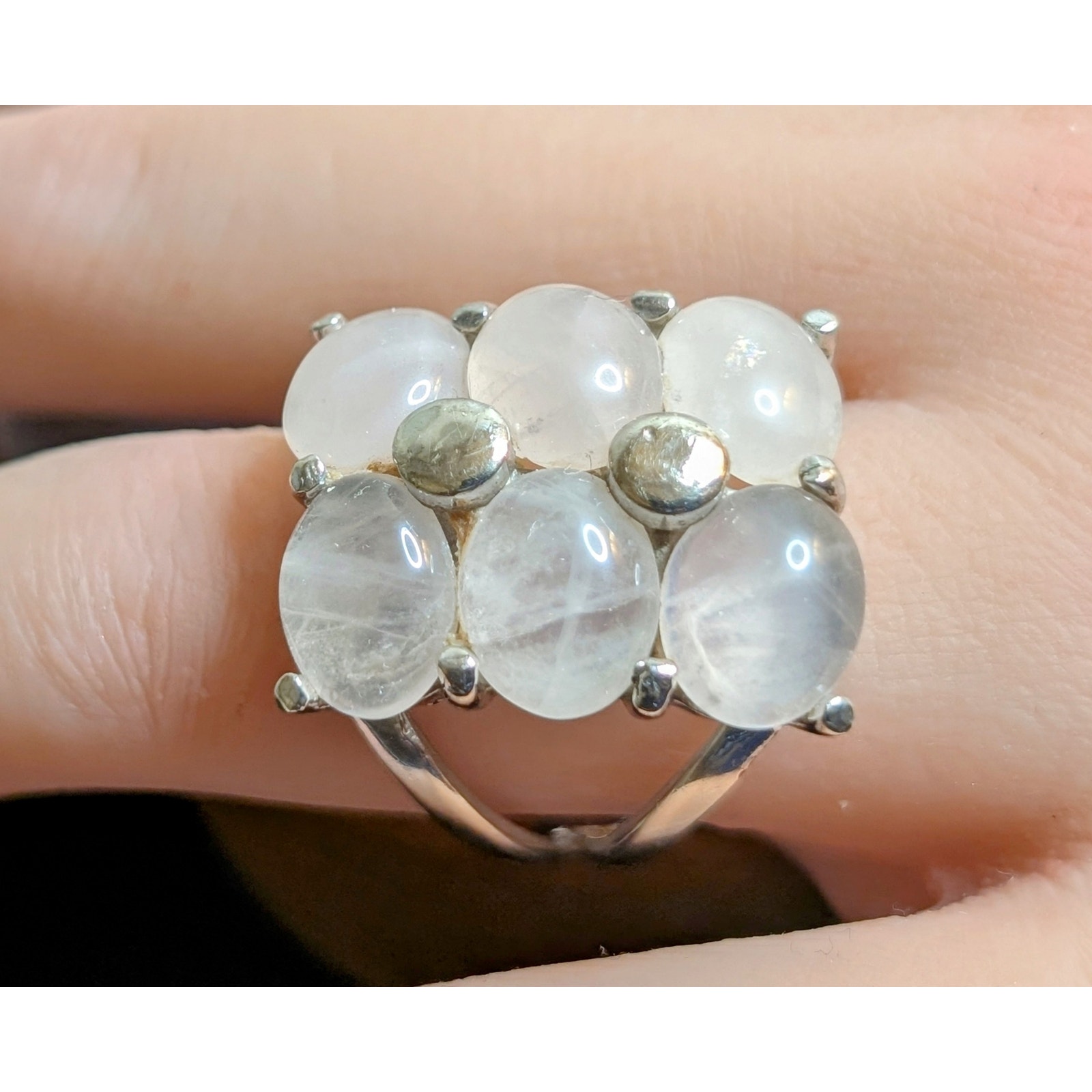 Large Six Quartz Stone 925 Sterling Silver Split Shank Ring Size 7.5