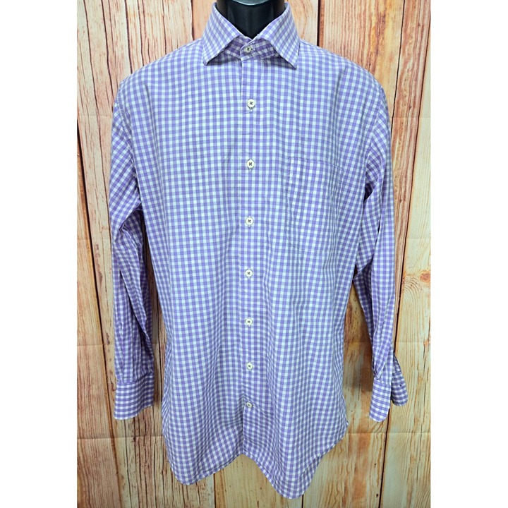 Peter Millar Classic Fit Purple Gingham Check Button-Down Shirt Medium
