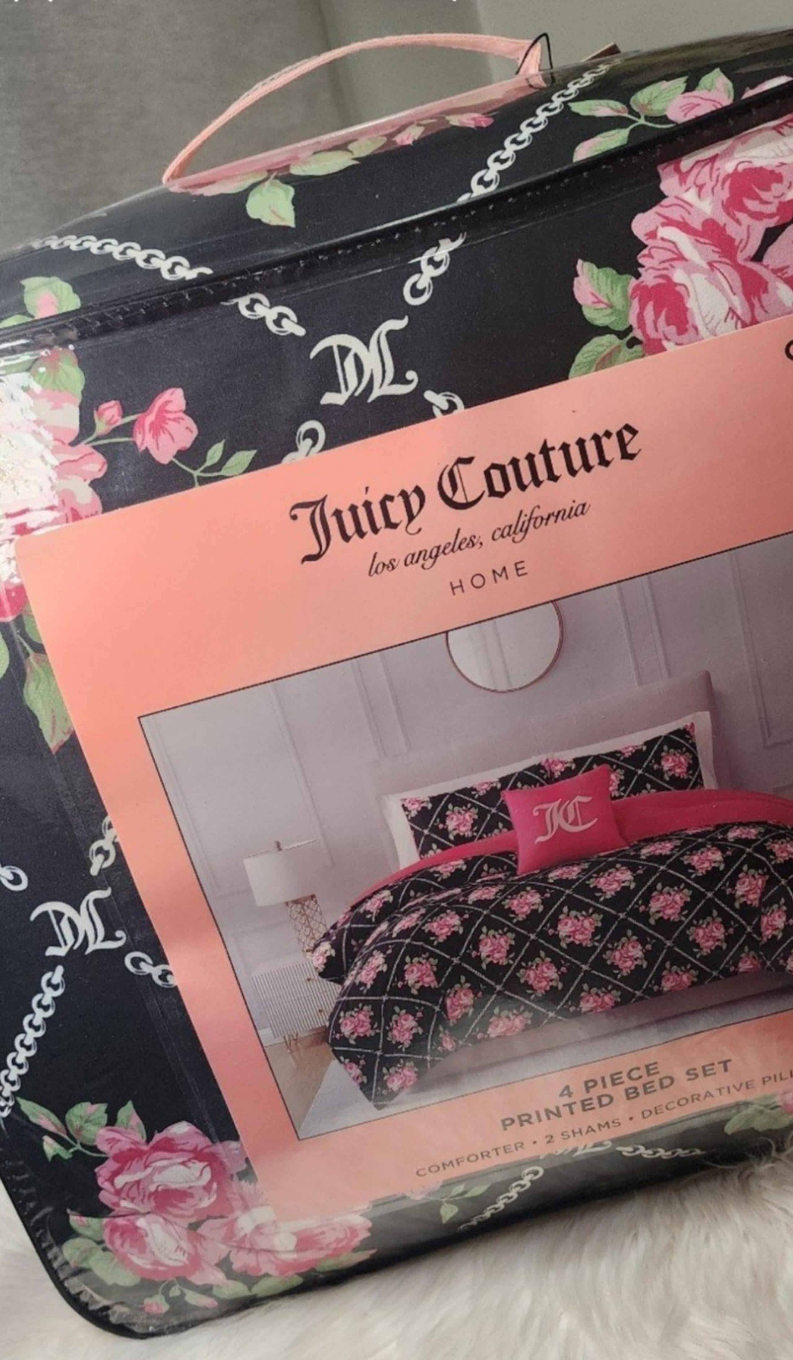Juicy Couture 8 piece Flowers QUEEN Comforter  Bed Set Black/Pink/White NEW