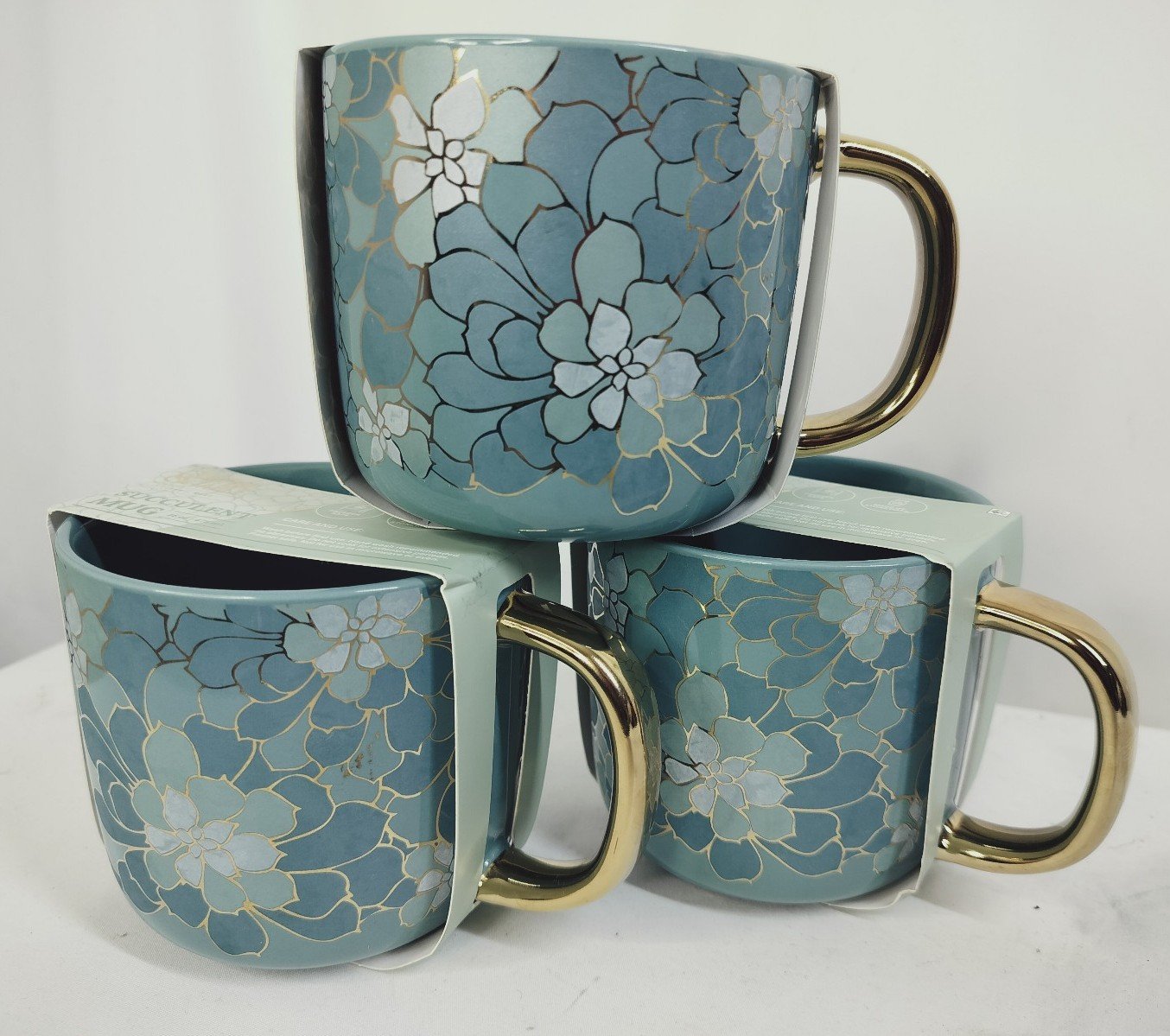 Thyme & Table Stoneware Teal and Gold Succulent Mug 16 oz bundle