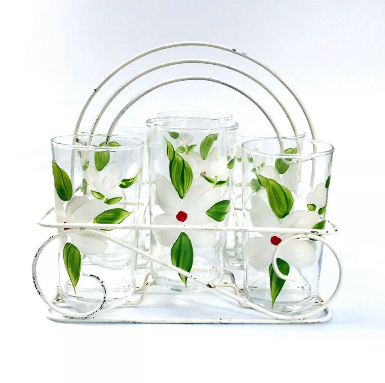 6 Federal Glass Hand Painted Magnolia Flower Glasses in Caddy Carrier MCM