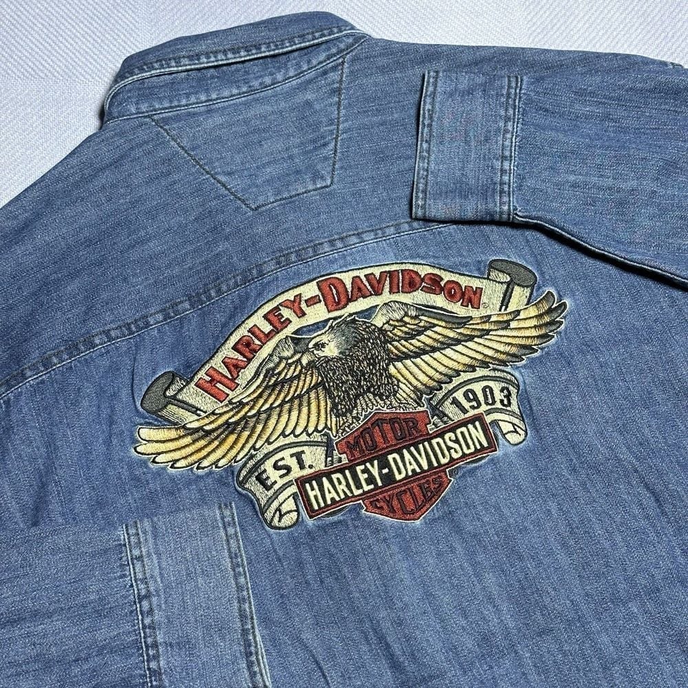 Vintage Harley Davidson Embroidered Eagle Blue Denim Button Down Shirt Size XL