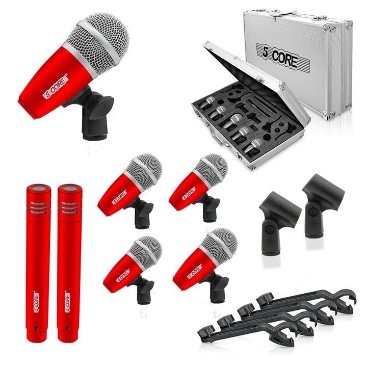 Drum Mic Kit 7 Piece Drumset Wired Dynamic Microphone Tom/Snare DM 7RND RED