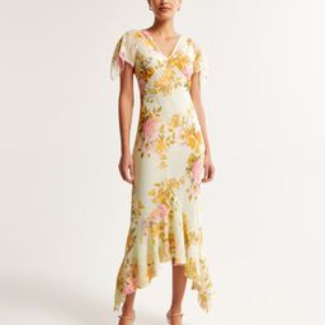 Abercrombie and Fitch Yellow Floral Flutter Sleeve Midi Dress Size S NWOT
