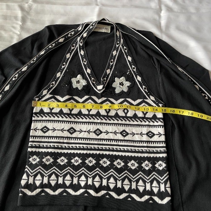 Bloomingdales Womens Med Black & White Beaded Halter & Cardigan Knit Sweater Set