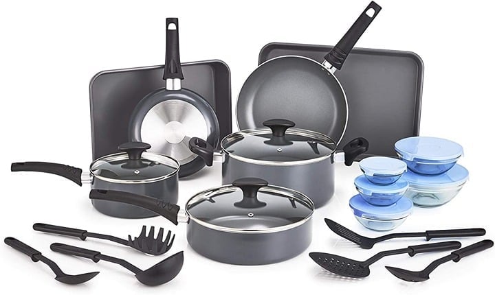 Nonstick Cookware Set with Glass Lids - Aluminum Bakeware, 21 Piece, Black