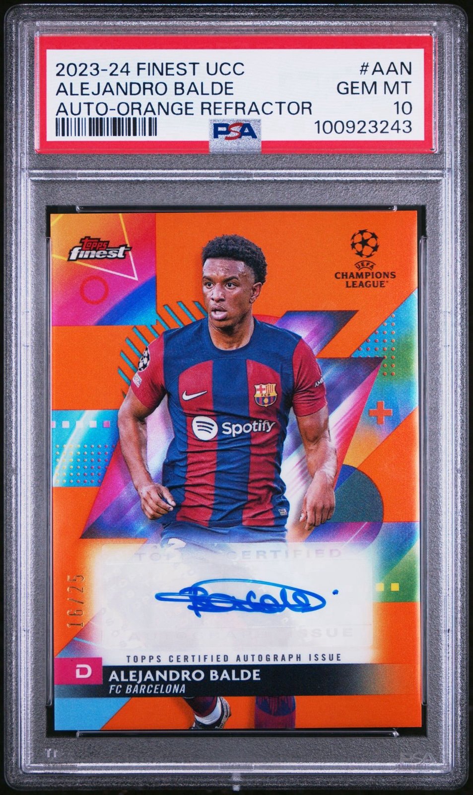 TOPPS FINEST UEFA 2023-24 PSA 10 ALEJANDRO BALDE /25 AUTO ORANGE POP 1