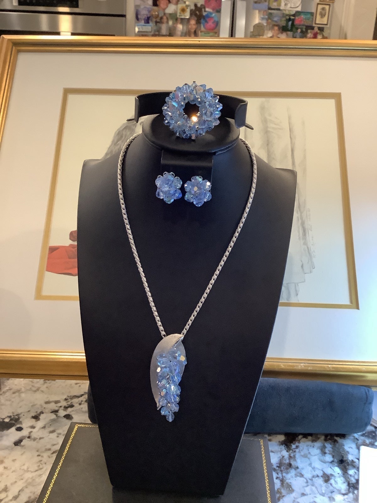 Vintage blue Necklace, brooch and earring set