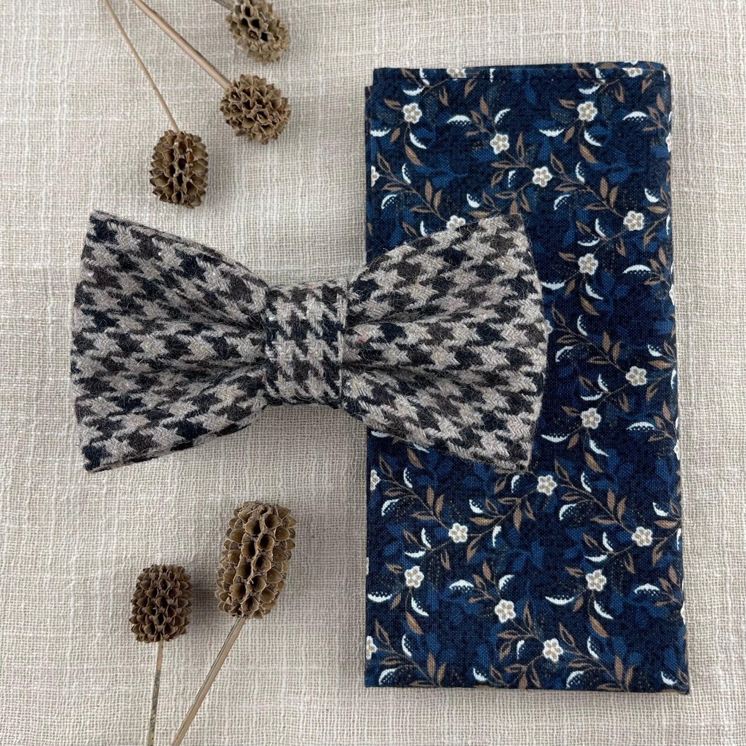 Men’s Houndstooth Check Wool Bow Tie & Navy Floral Pocket Square Set