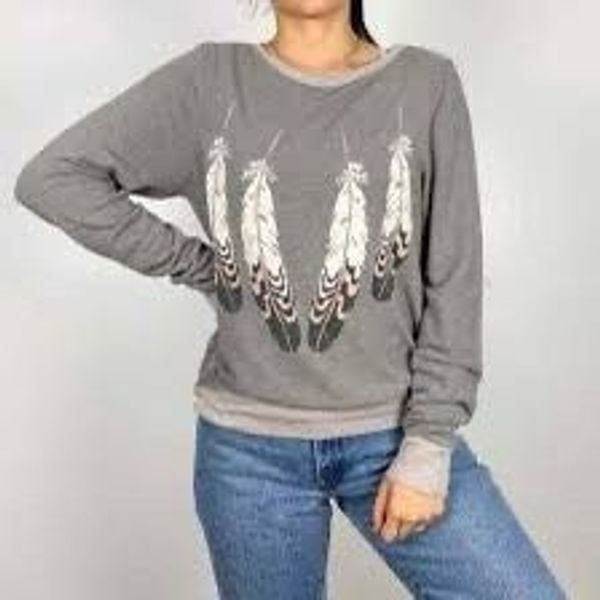 Wild Fox Gray Feather Graphic Print Oversized Pullover Sweatshirt Size XS