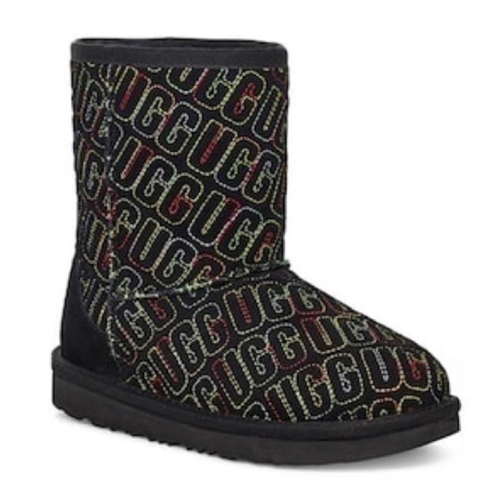 UGG Kids' Classic II Graphic Stitch Boots Black and Rainbow Girls Size 4 NEW
