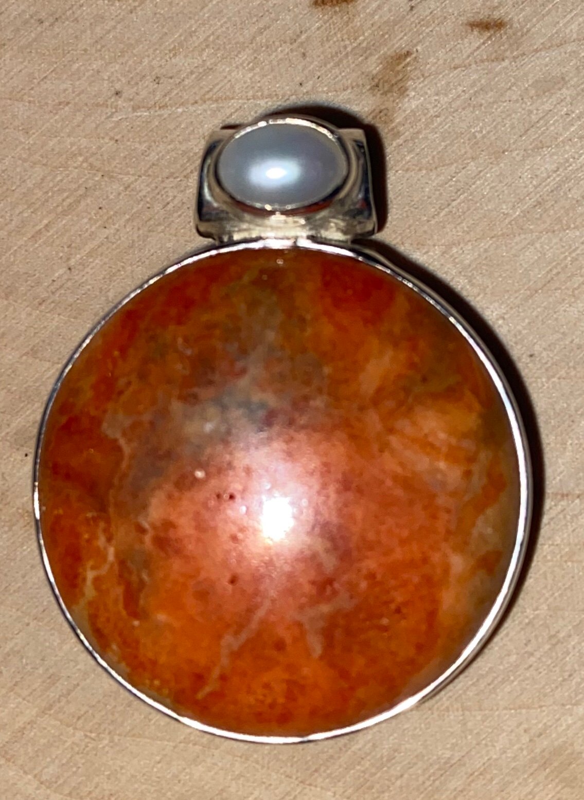 Coral stone with white Pearl accent, set in 925 Sterling Silver