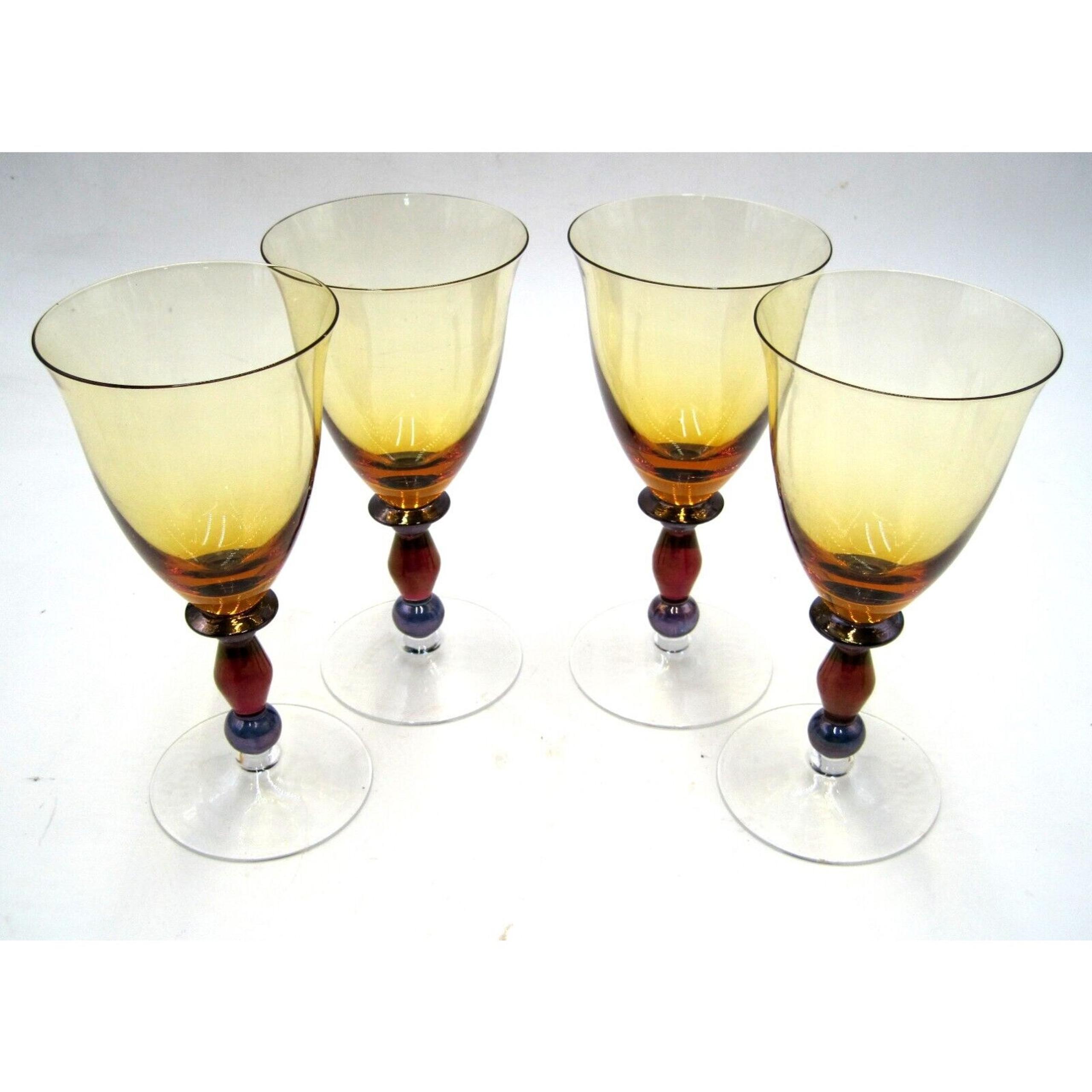 Set of 4 - Mikasa Estate Amber Bowl Amber Purple Blue Stem 7 5/8 " Wine Glass