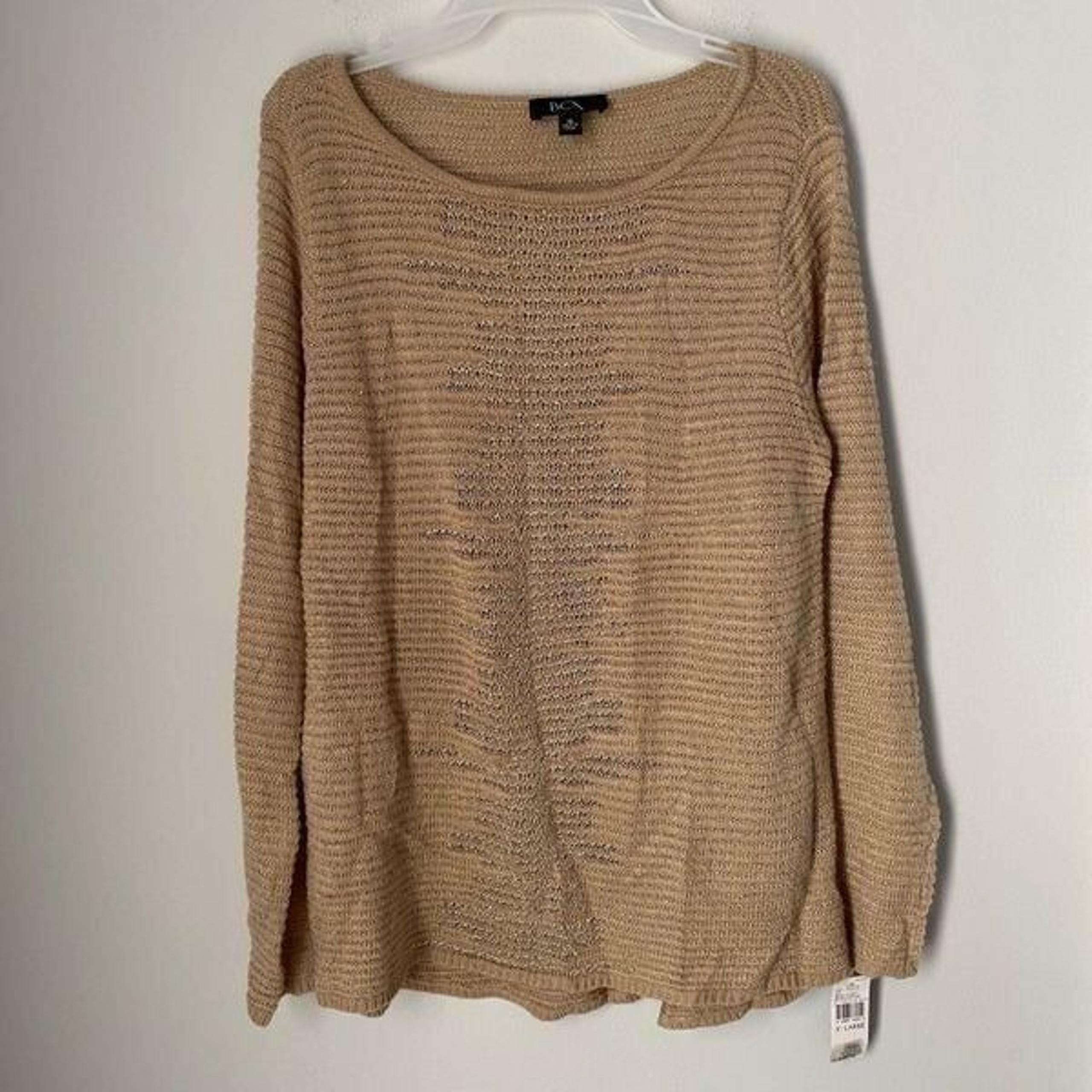 BCX Women’s Crew Neck Long Sleeve Thin Metallic Knit Tan Sweater size XL