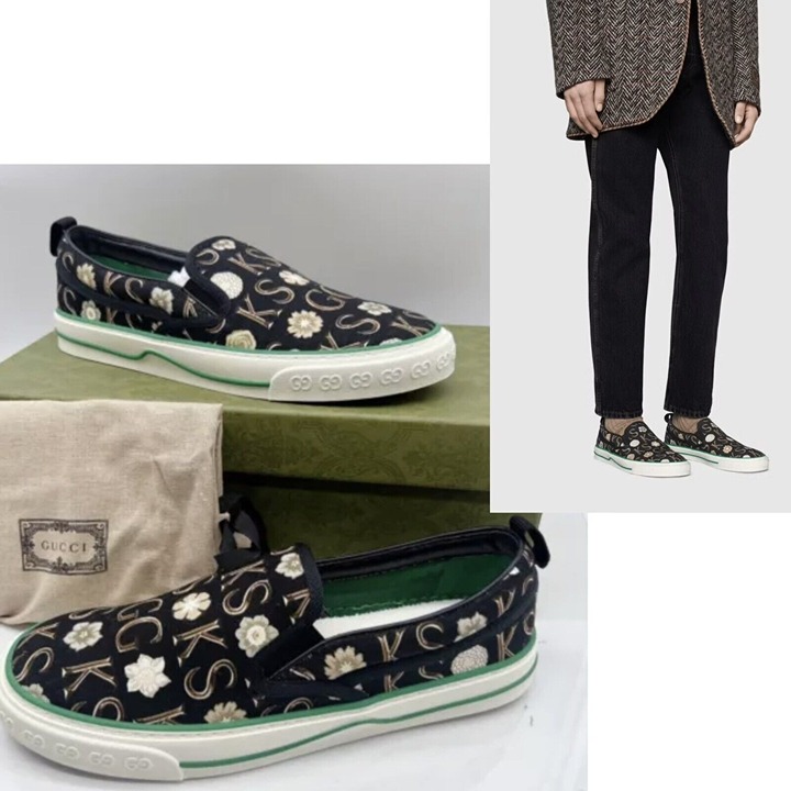 GUCCI Tennis 1977 Sneaker Ken Scott Print Mens Loafer Black White UK 12 US 12.5