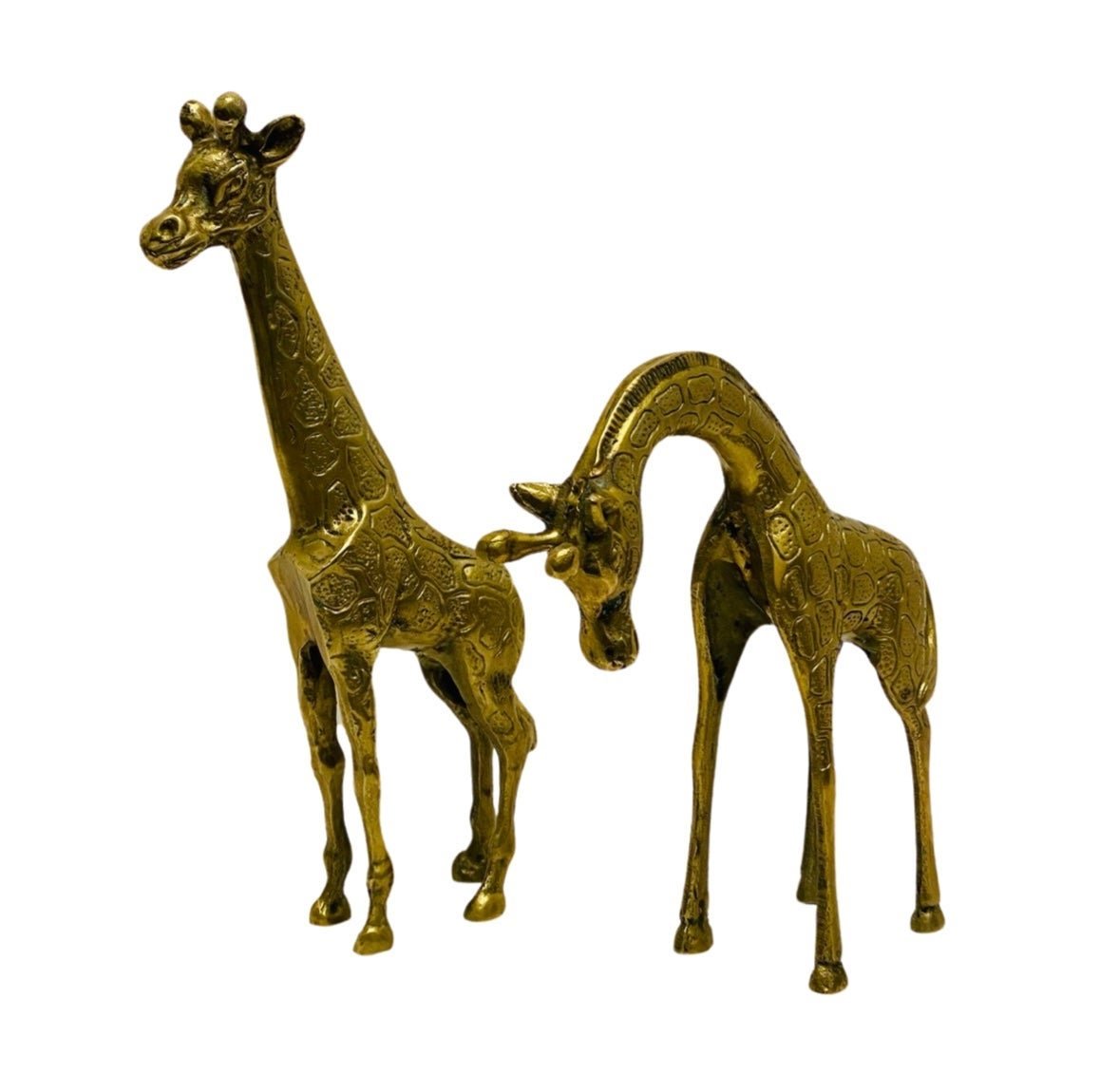 Pair Of Vintage Hollywood Regency Solid Brass Giraffes Large And Small.