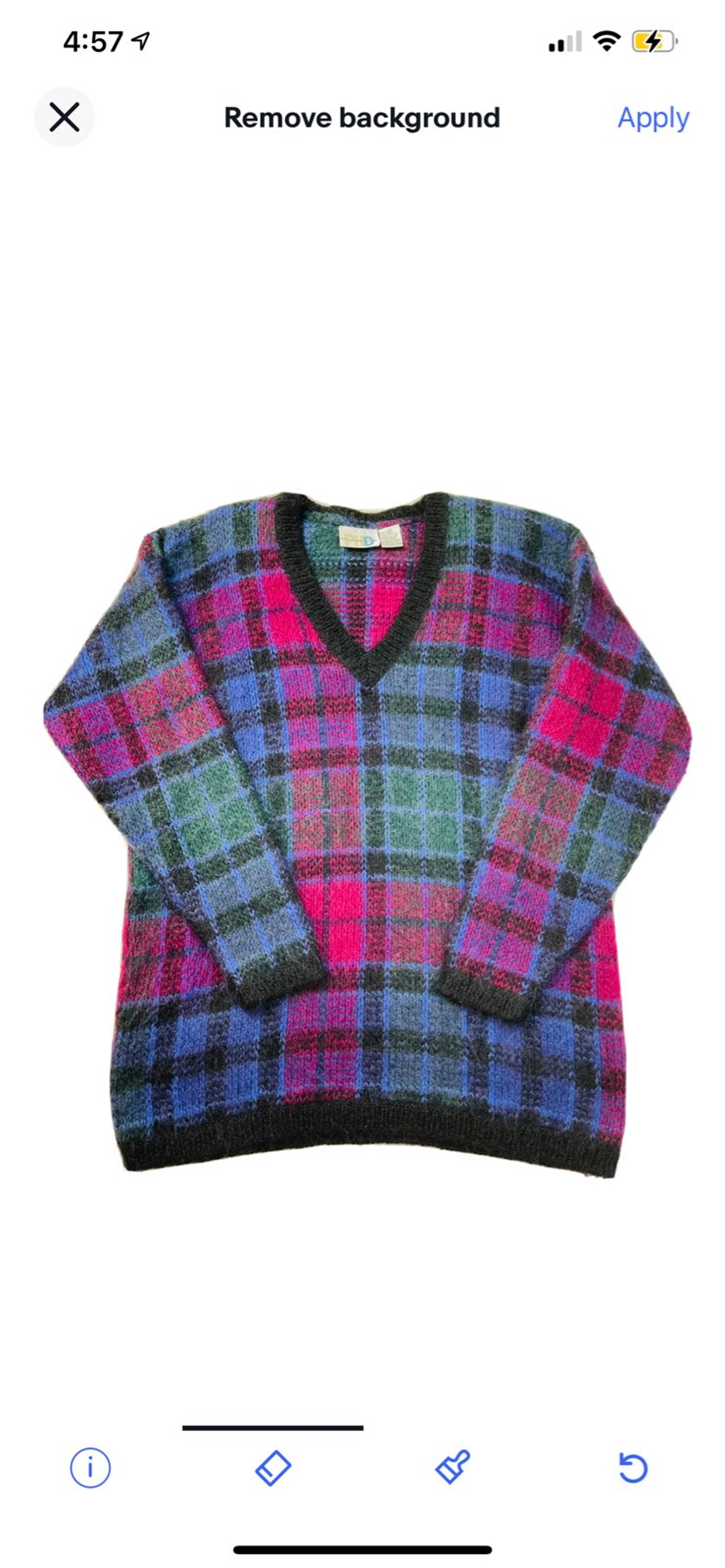 Vintage 80s Womens Medium Multi Color Plaid Mohair V Neck Sweater