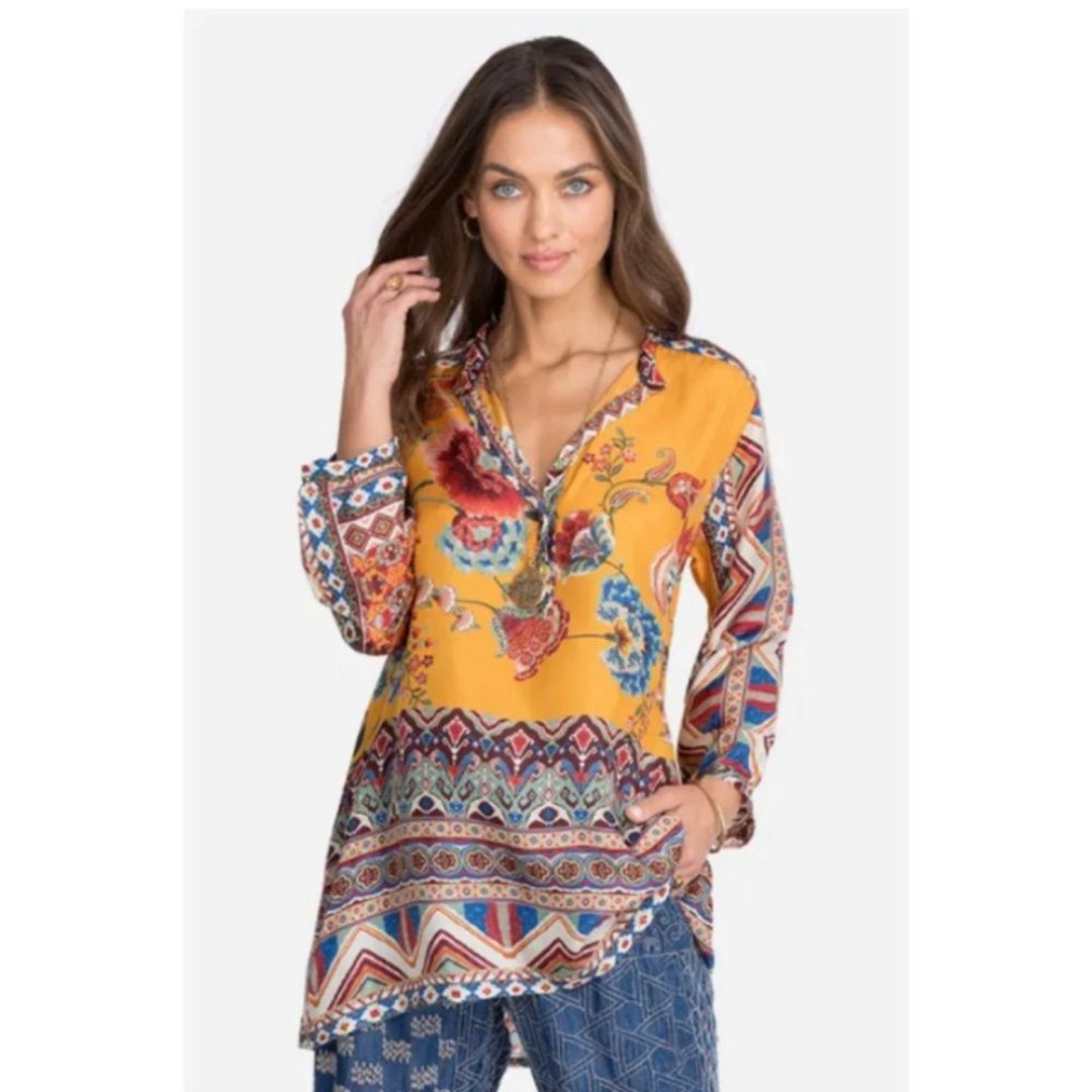 Johnny Was NEW Sasha Maine Tunic Top Orange Floral Paisley Silk S