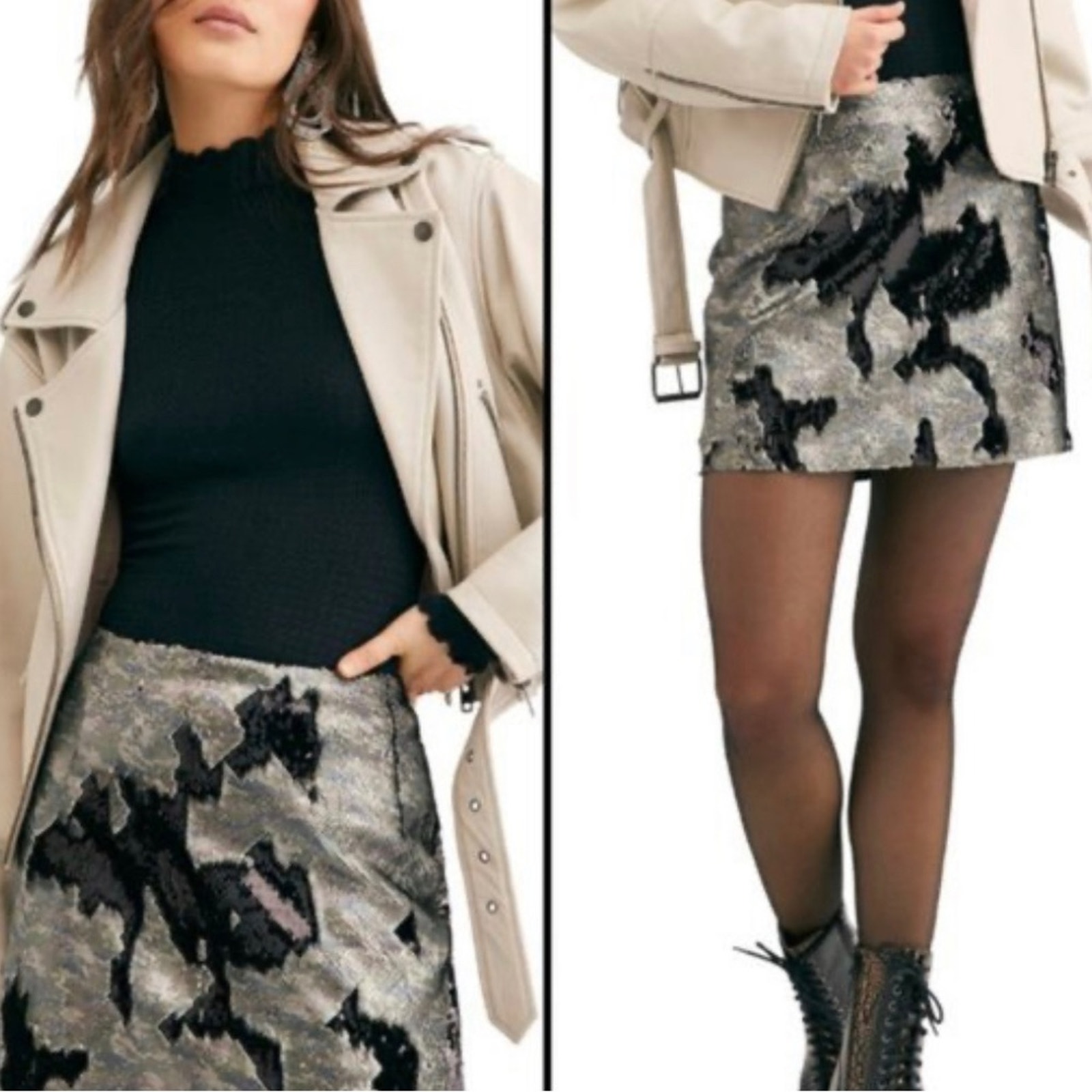Free People Women’s Skinny Reversing Sequin Lined Mini in Camo and Black Size 12