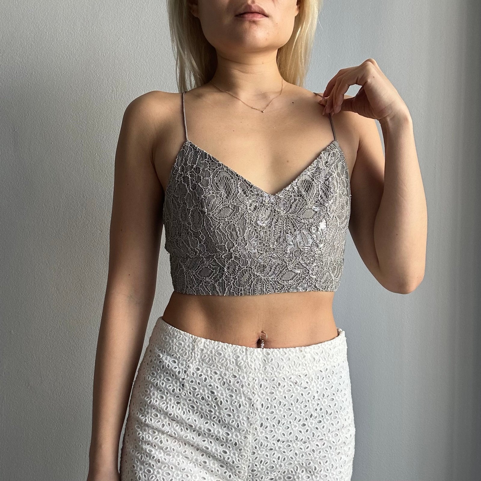NWOT TOPSHOP Metallic Lace Crossback Crop Top in Gray & Silver
