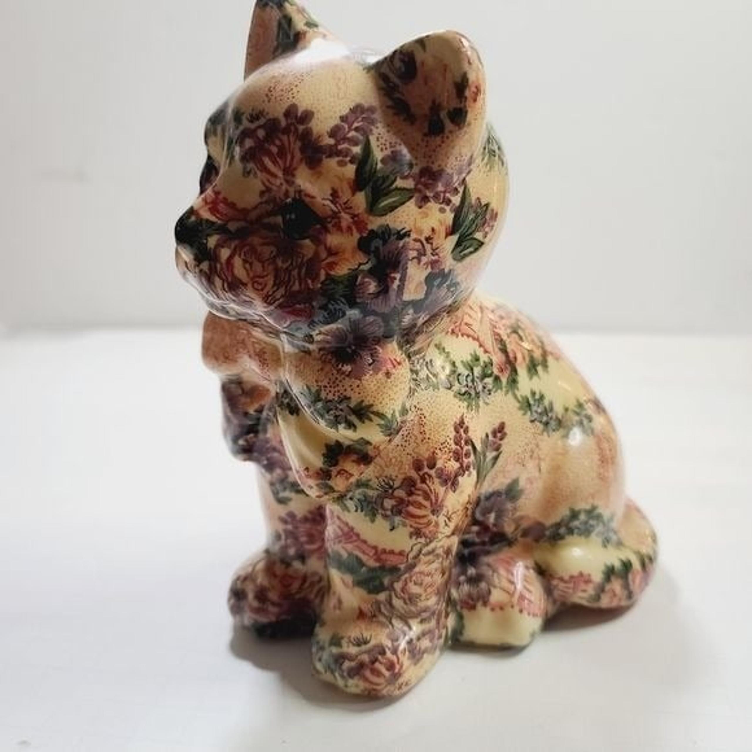 Vintage Patchwork Glazed Ceramic Sitting Cat Figure Cottagecore Decor