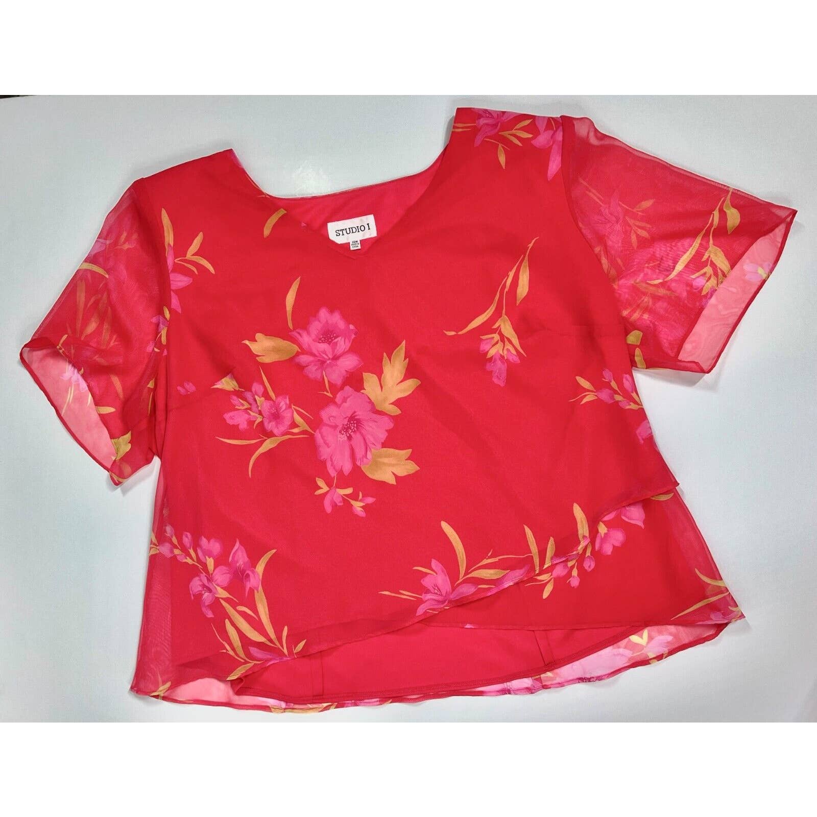 Studio I Women's Plus Blouse & Skirt Set Short Sleeve Floral Pink Size 22W