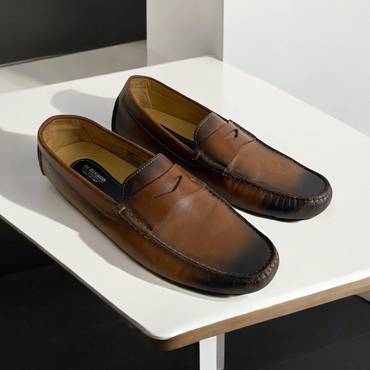 Scarpe Di Bianco SPQR Burnished Calf Driving Loafer Moc Brown Shoes US 9.5 Italy