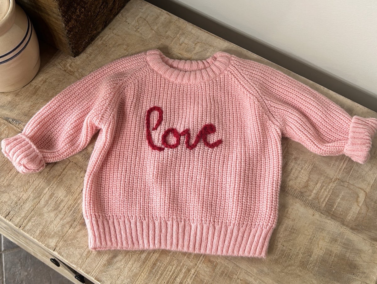 9-12 MTH pink valentine sweater red love baby clothes crochet embroidery
