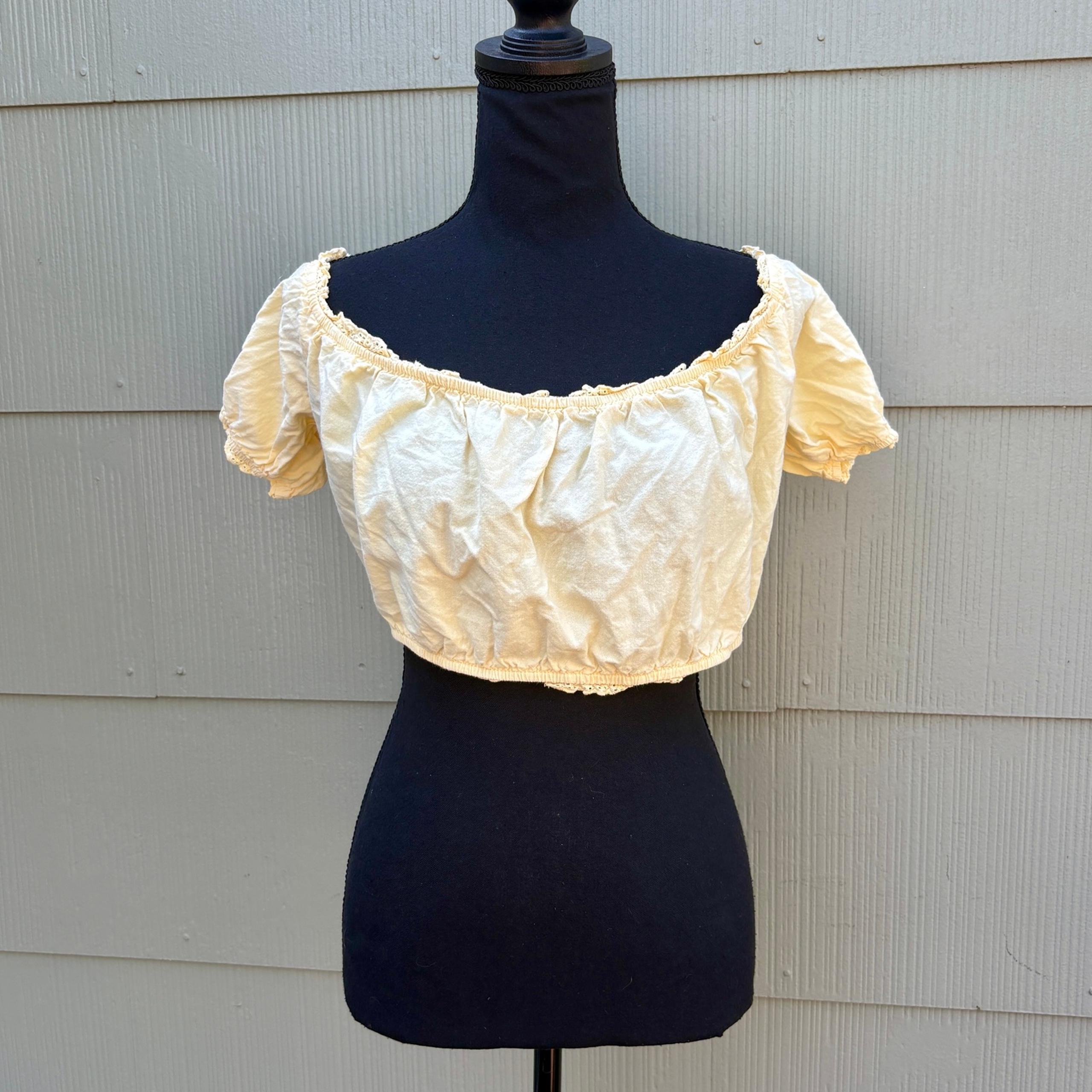 vtg 80s Boho Hippie Fairy Cotton Yellow Eyelet Short Puff Sleeve Crop Top Blouse