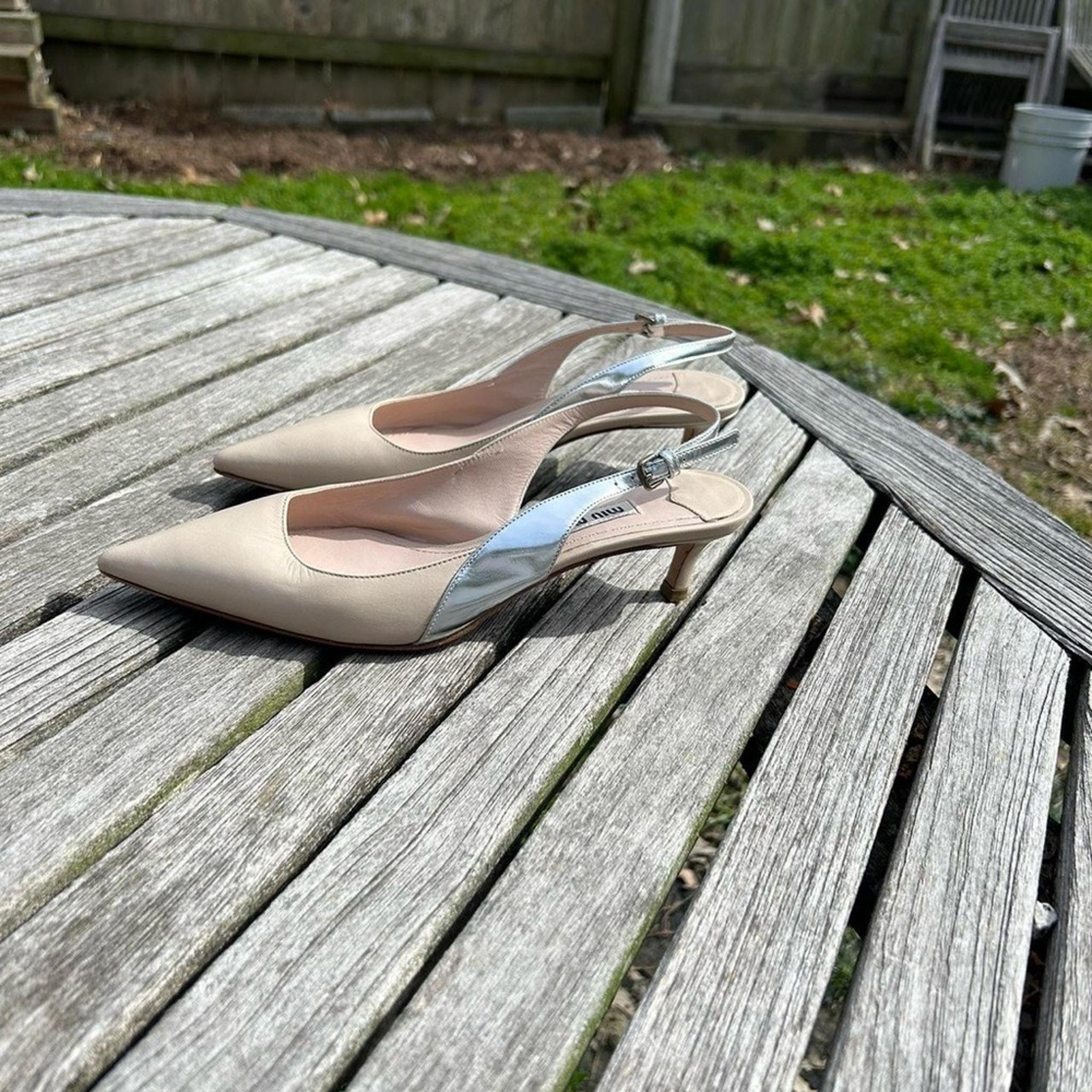 Nude Kitten-Heel Slingback Pumps by miu miu size 36 1/2  nude silver 6