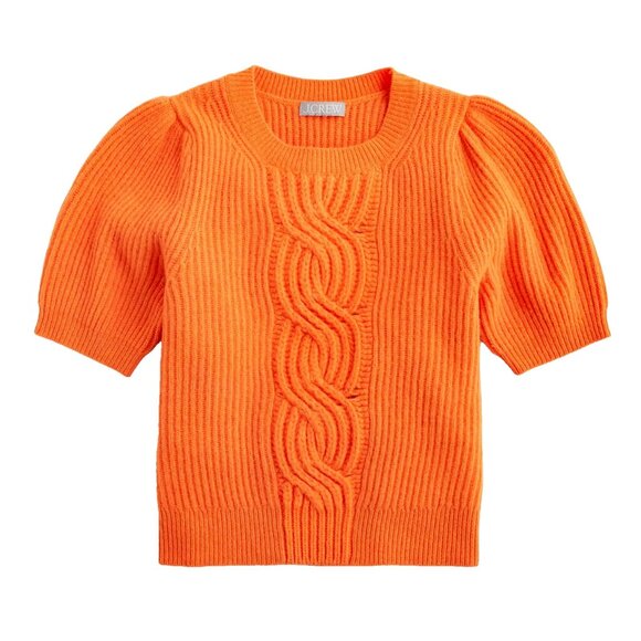 NWT J.Crew Wool-Cashmere Cable-knit in Heather Fire Lily Crewneck Sweater XL