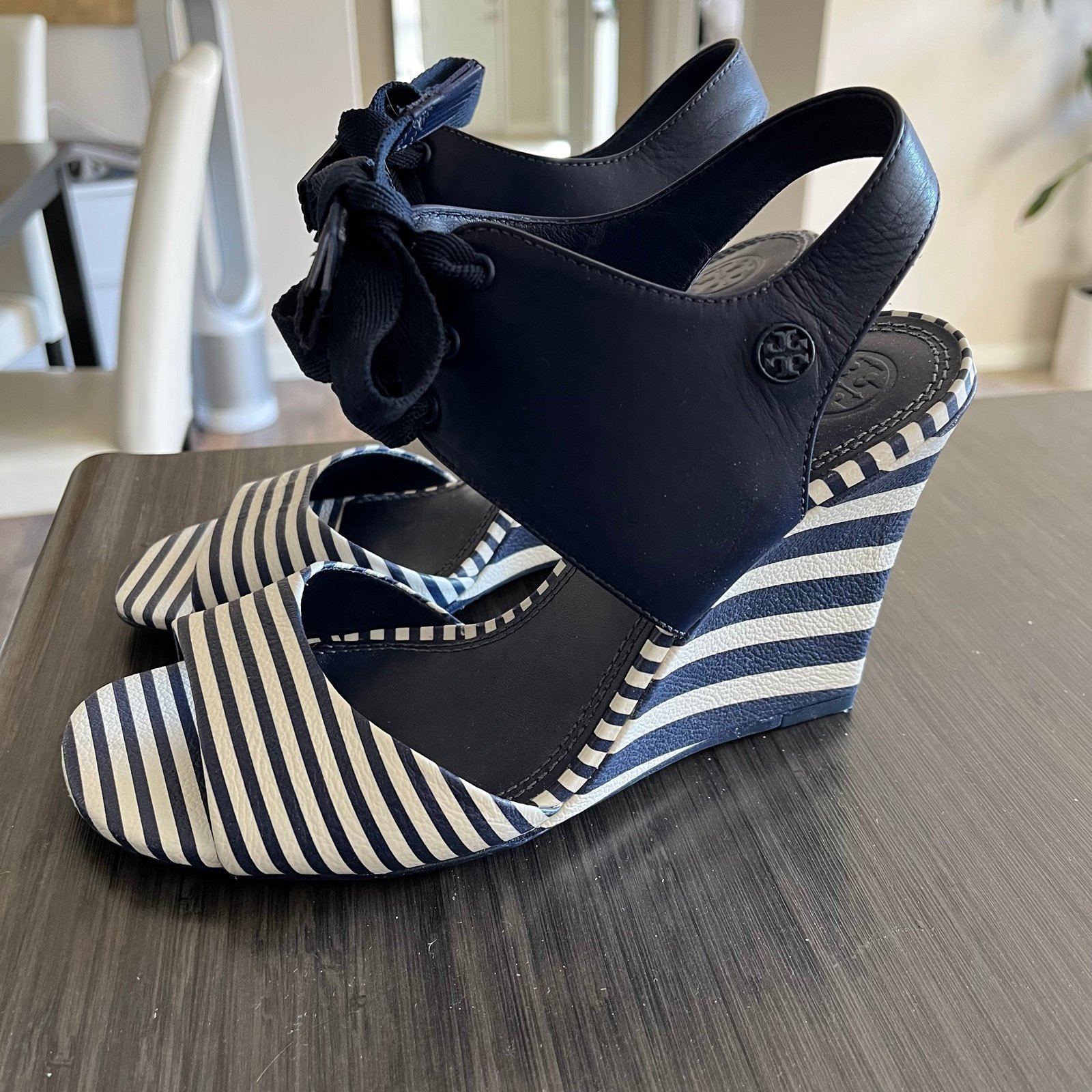 Tory Burch Maritime Wedge Sandal Heels Nautical Stripes Blue White