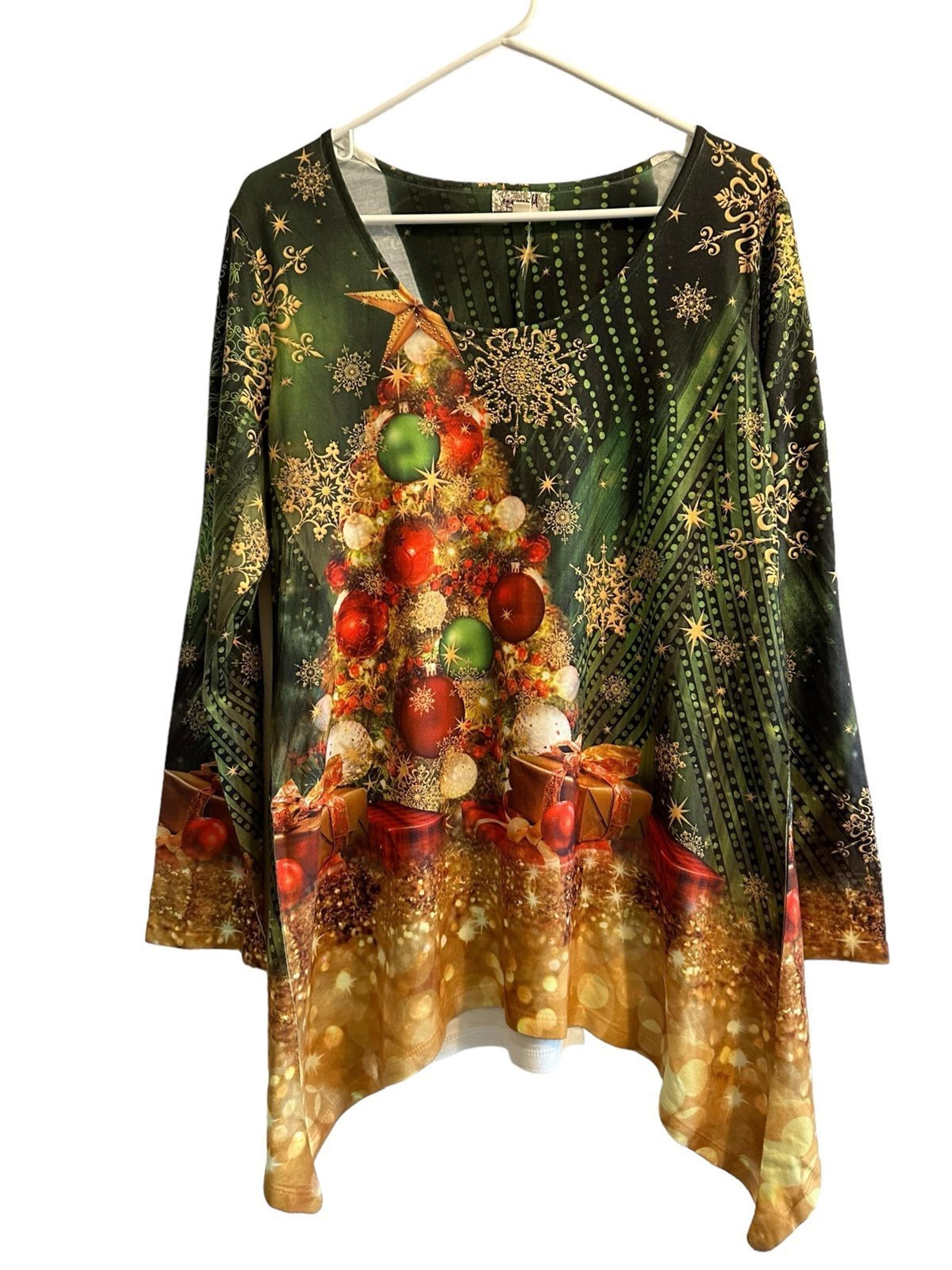 One World Womens Petite XL BEAUTIFUL Christmas Tree Tunic Scoop Neck Multicolor