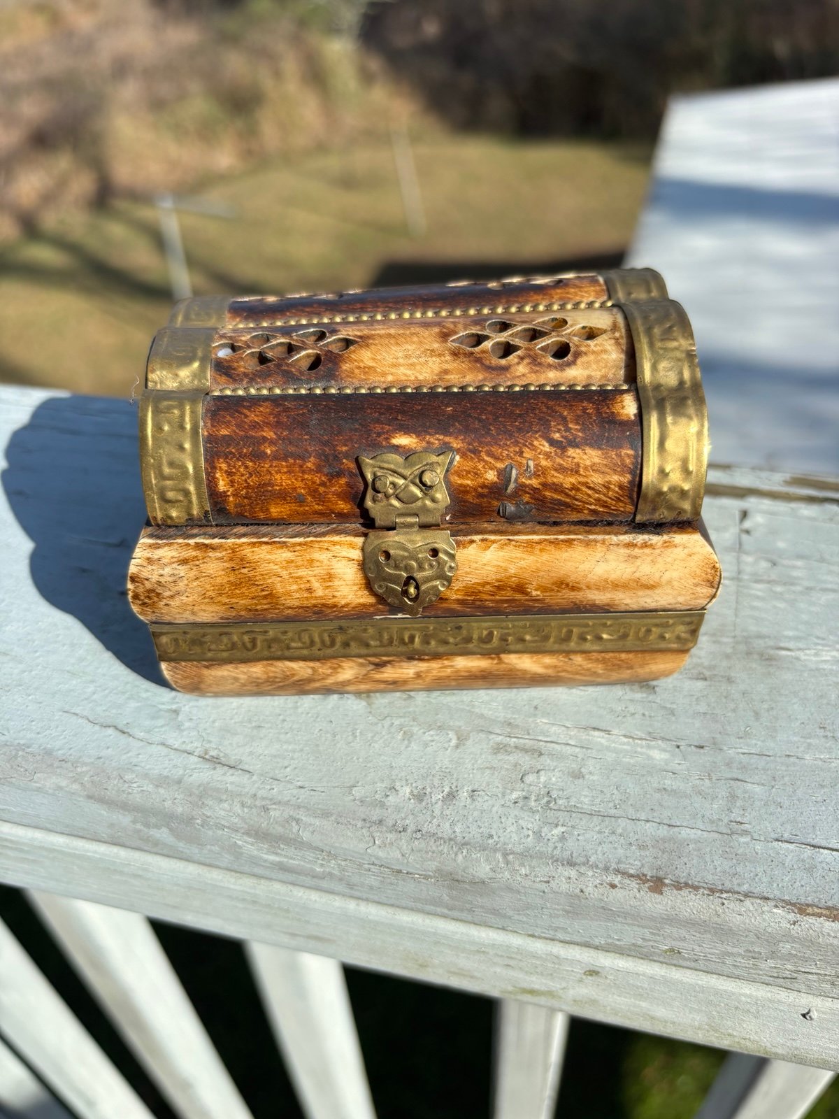 Vintage Camel Bone and Brass Trinket Jewelry Box Owl Clasps Handmade