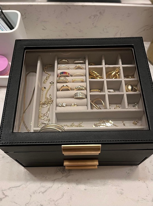 Jewelry Box with Glass Lid, 3-Layer Jewelry Organizer, 2 Drawers