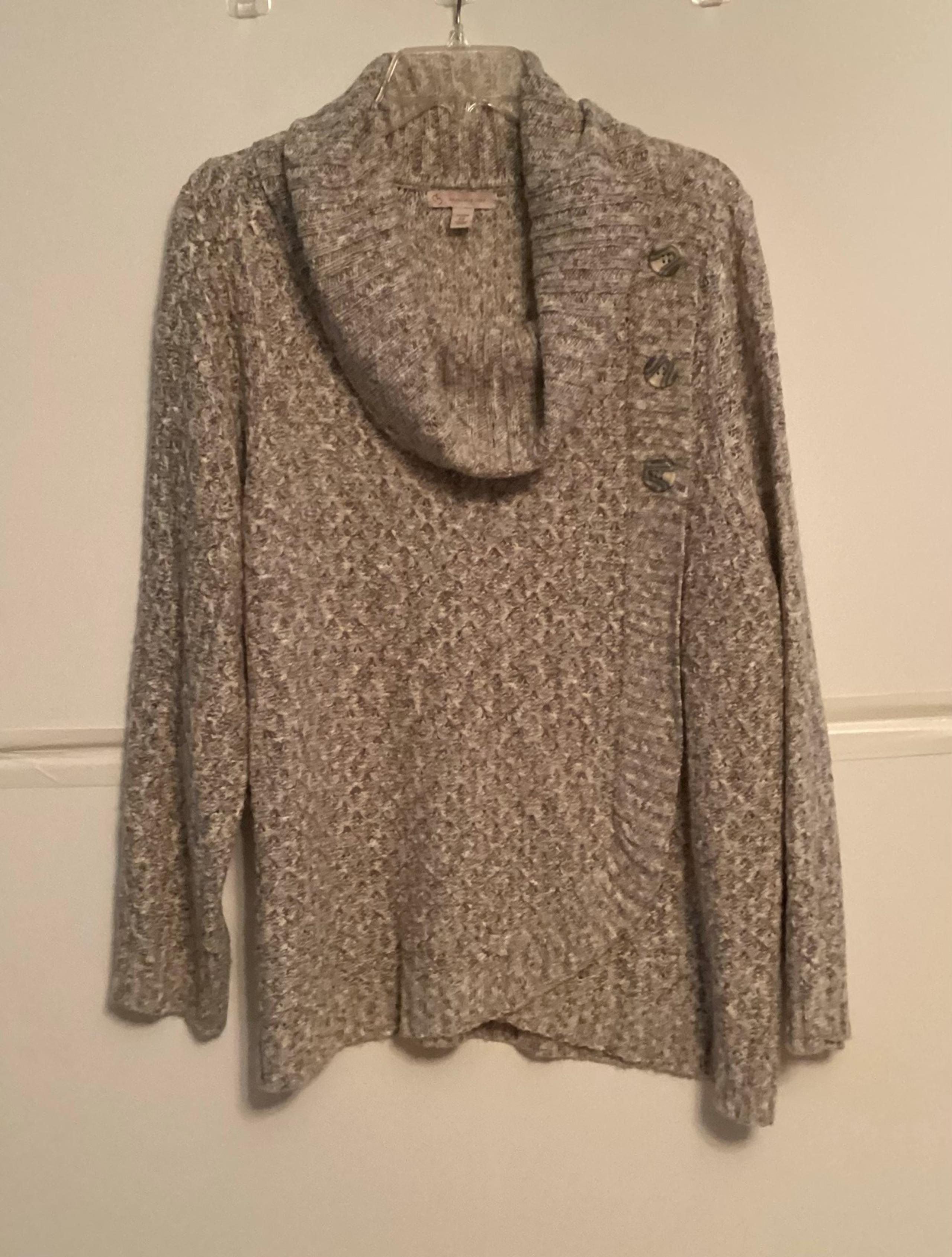 Cato woman’s LS gray sweater with button decoration, cowl neckline. 2X