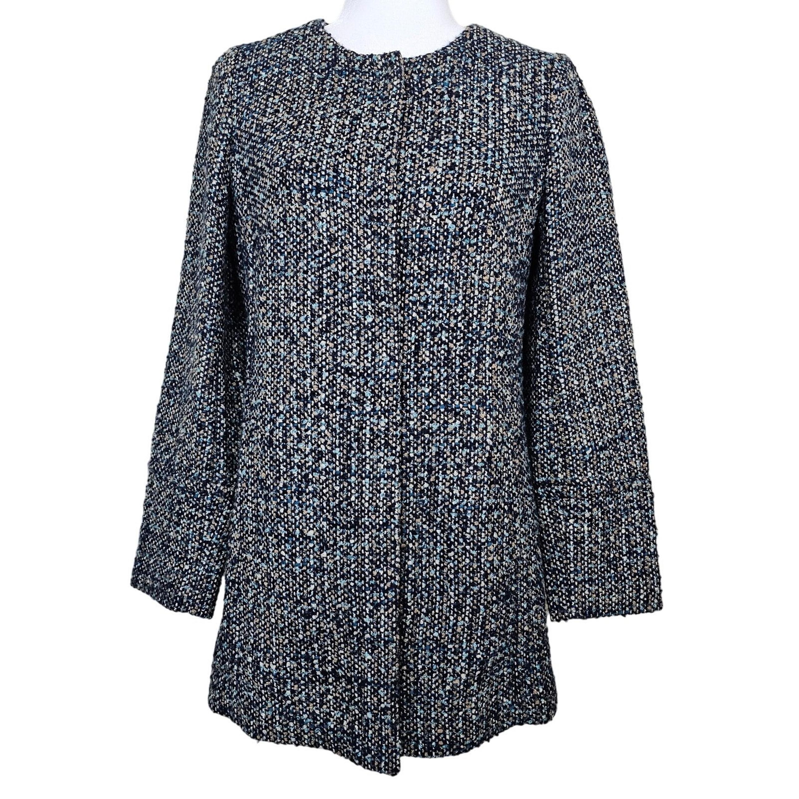 Talbots Boucle Tweed Coat Womens 4 Blue Italian Fabric Snap Front Mid Length