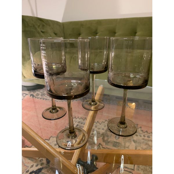 MCM Mod Vintage Smoked Wine Glass with Etched Circle Pattern
