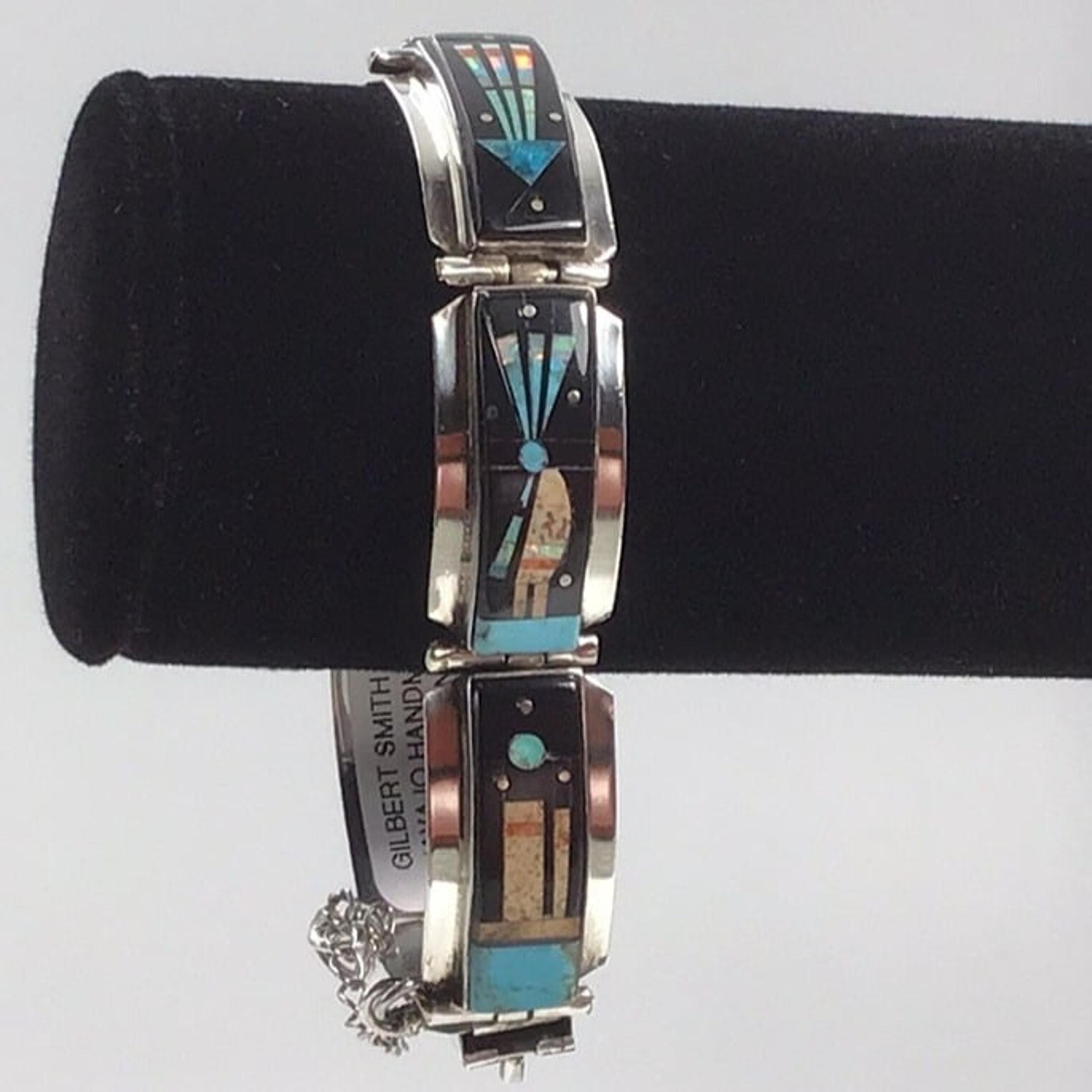 Sterling Silver Native American Multi stone Inlay Bracelet Signed 7”